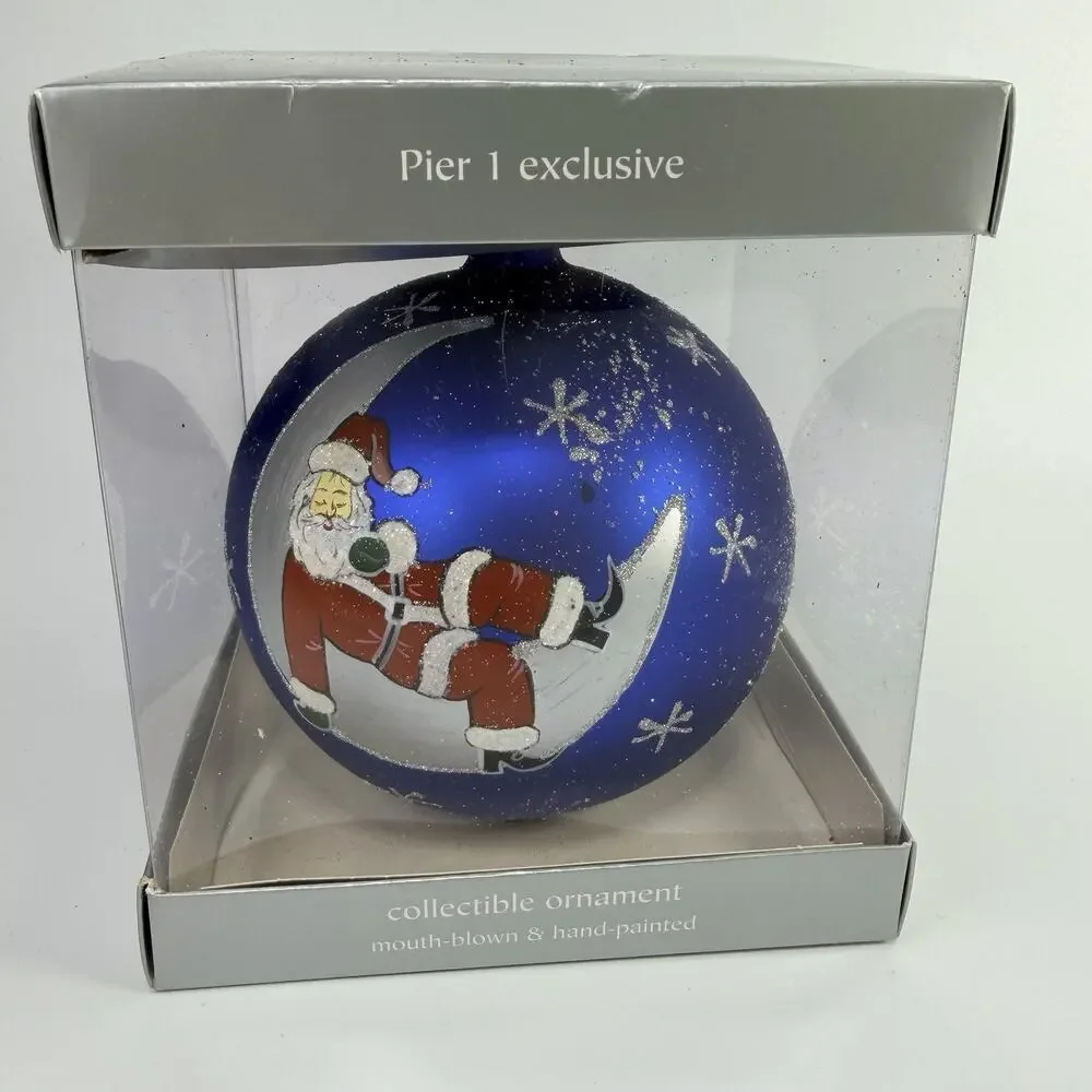 Pier 1 Imports Sleeping Santa on Cresent Moon Glass Christmas Ornament 4.75